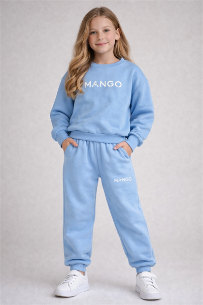 Logo Baskılı Mavi Takım – Unisex Takım 3 İplik Hafif Şardonlu, 3–12 Yaş