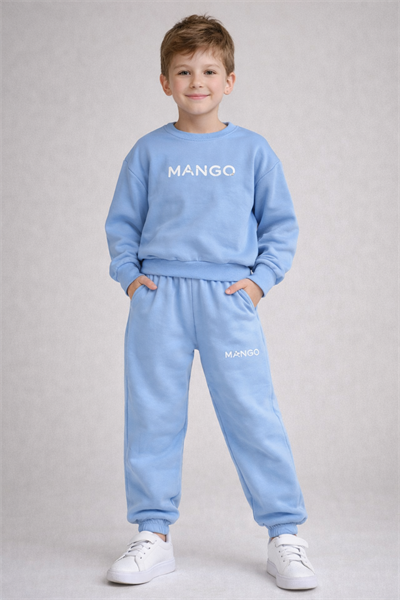 Logo Baskılı Mavi Takım – Unisex Takım 3 İplik Hafif Şardonlu, 3–12 Yaş