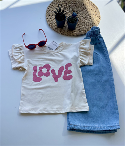 Kız Çocuk Love Baskılı Tişört ve Kot Pantolon Takım