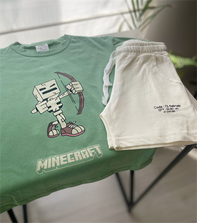 Minecraft Baskılı Yeşil Tişört ve Ekru Şort 2li Takımı