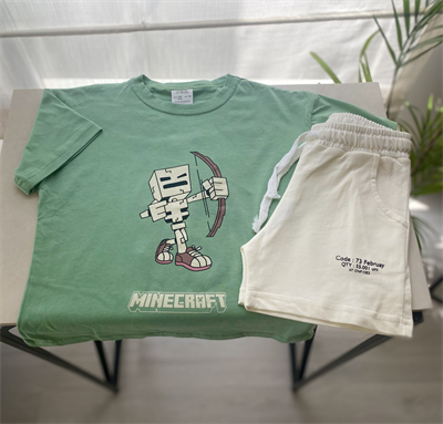Minecraft Baskılı Yeşil Tişört ve Ekru Şort 2li Takımı