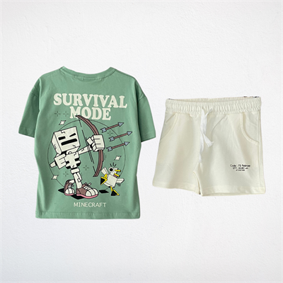Minecraft Baskılı Yeşil Tişört ve Ekru Şort 2li Takımı