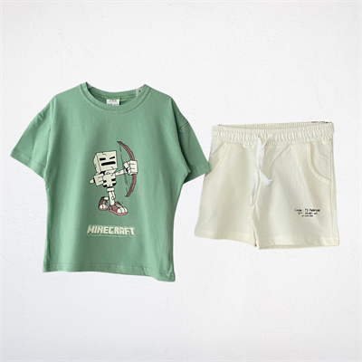 Minecraft Baskılı Yeşil Tişört ve Ekru Şort 2li Takımı