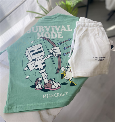 Minecraft Baskılı Yeşil Tişört ve Ekru Şort 2li Takımı