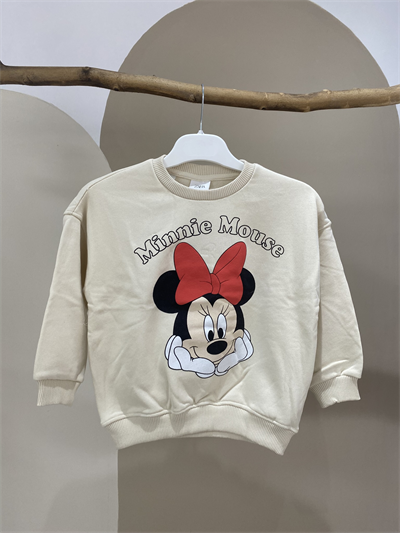 Minnie Mouse Baskılı Bej Sweatshirt – Kız Çocuk, 3 İplik Şardonsuz, %100 Pamuk, 2–7 Yaş