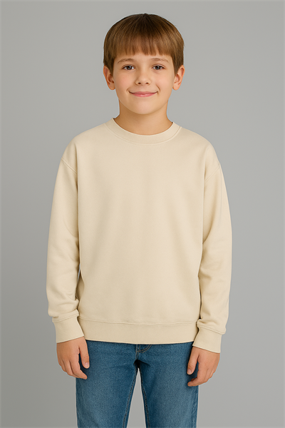 Oversize Basic Sweatshirt, 3 İplik Şardonlu– Krem