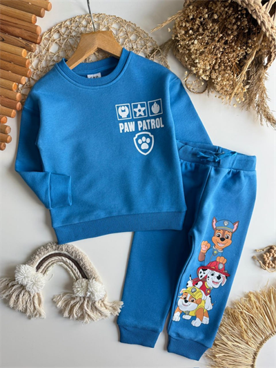 Paw Patrol Saks Mavi Takım – Erkek Çocuk, %100 Pamuk, 3 İplik Şardonsuz, 2–8 Yaş