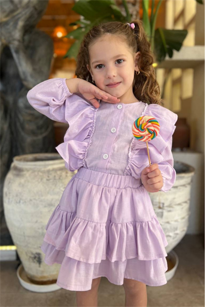 Kız Çocuk Gömlek ve Etek Takım Lila