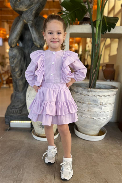 Kız Çocuk Gömlek ve Etek Takım Lila