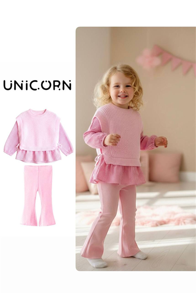 Pembe Fırfır Detaylı Kombin Takım – Örme & Gömlek Kumaş Üst + Boru Paça Alt