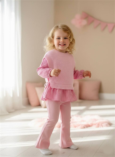 Pembe Fırfır Detaylı Kombin Takım – Örme & Gömlek Kumaş Üst + Boru Paça Alt