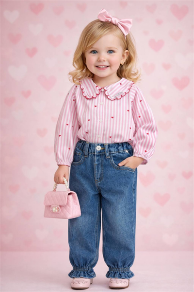 Kız Çocuk Pembe Kalp Detaylı Gömlek ve Pantolon