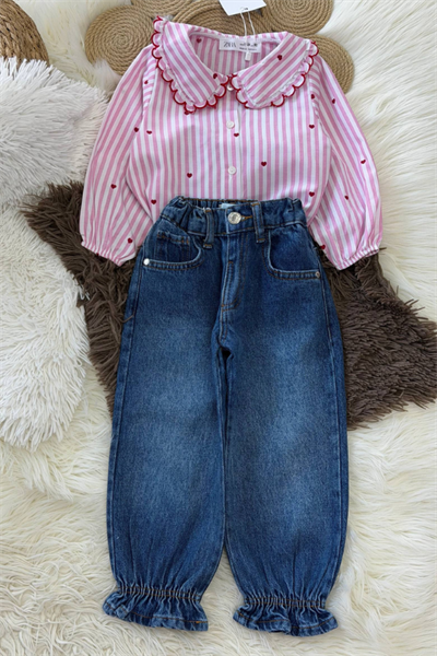 Kız Çocuk Pembe Kalp Detaylı Gömlek ve Pantolon