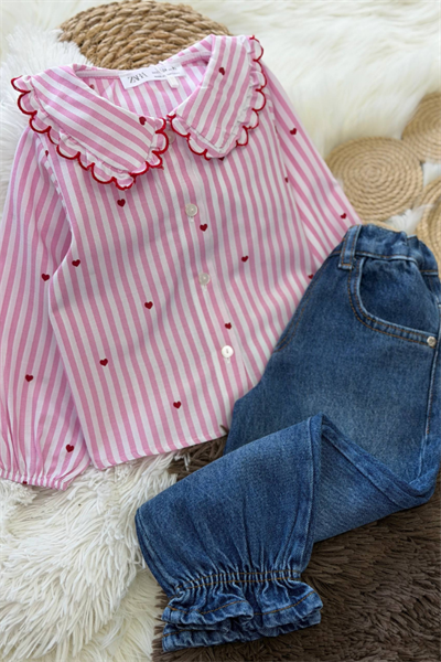 Kız Çocuk Pembe Kalp Detaylı Gömlek ve Pantolon