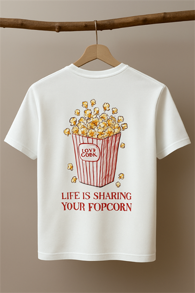 Kız Çocuk Popcorn Sırt Baskılı Tişört Ekru