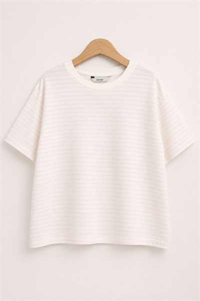 Kız Çocuk Çizgili Oversize Crop Tişört Pudra