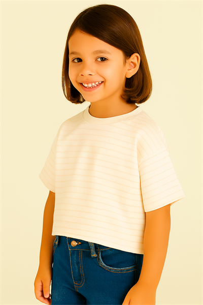 Pudra Çizgili Oversize Crop Tişört