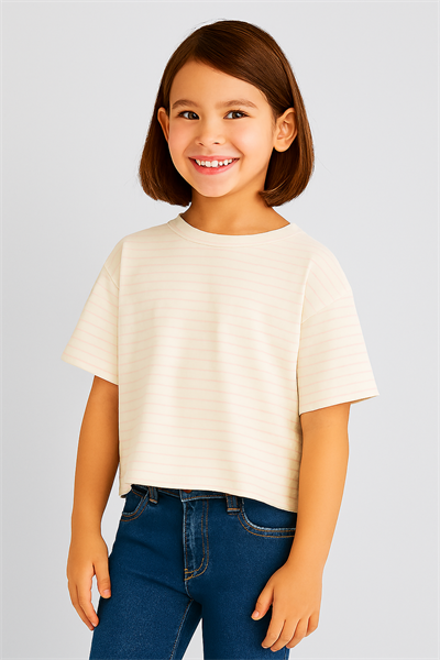 Pudra Çizgili Oversize Crop Tişört