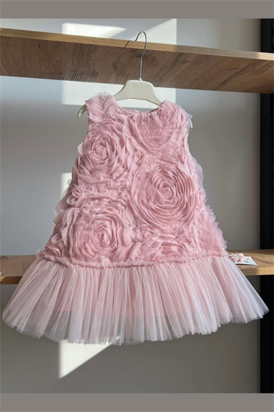 Kız Çocuk Güllü Elbise Pudra | Noblekids