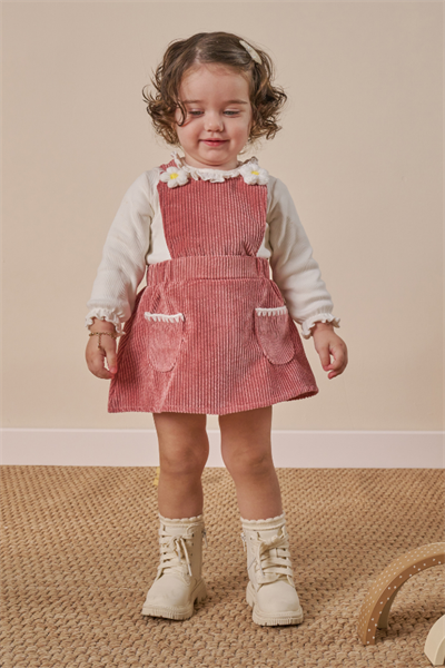 Pudra Papatya Detaylı Kız Bebek Salopet İkili Takım - 9 Ay-3 Yaş