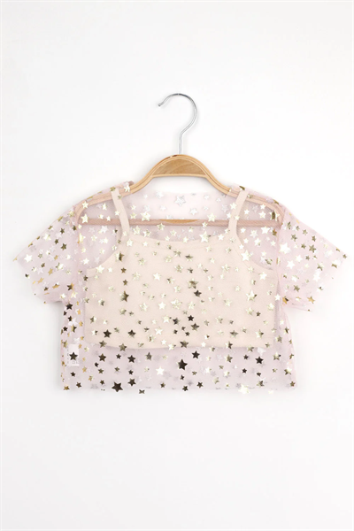 Pudra Yıldız Baskılı Kız Çocuk Tül Crop