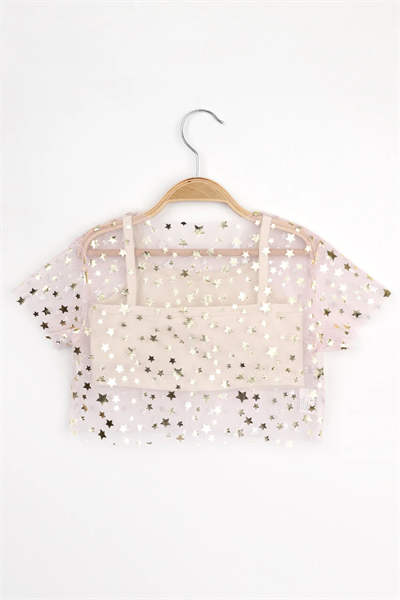 Pudra Yıldız Baskılı Kız Çocuk Tül Crop