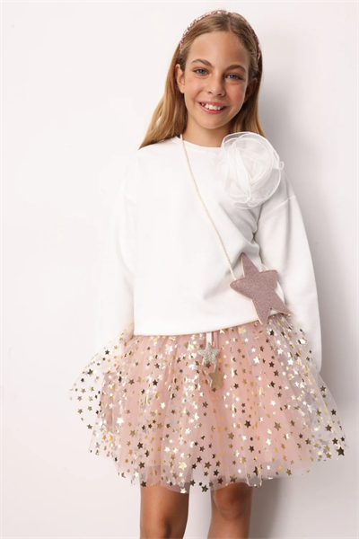 Pudra Yıldızlı Fiyonk Detaylı Kız Çocuk Tül Etek - Aster
