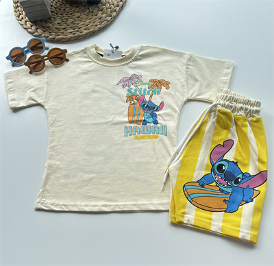 Kız Çocuk Stitch Baskılı Tişört ve Şort Takım Sarı