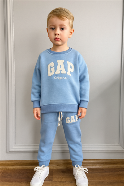 Süzene Nakışlı Mavi Çocuk Takımı – Şardonlu Sweatshirt & Jogger Alt, 4–14 Yaş