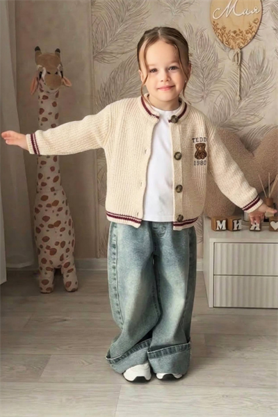 Kız Çocuk Teddy İşlemeli Hırka | Noblekids