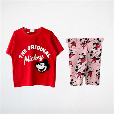Kız Çocuk Mickey Baskılı Tişört ve Kısa Tayt Takım Kırmızı