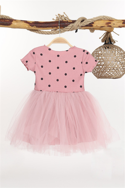 Kız Çocuk Kısa Kol Puantiyeli Tül Etek Elbise Pembe