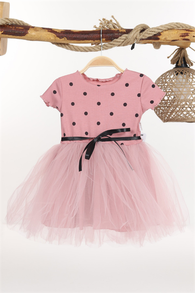 Kız Çocuk Kısa Kol Puantiyeli Tül Etek Elbise Pembe