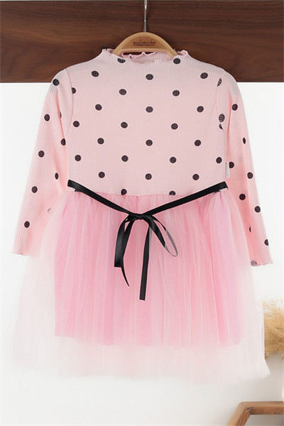 Kız Çocuk Uzun Kol Puantiyeli Tül Etek Elbise Pembe