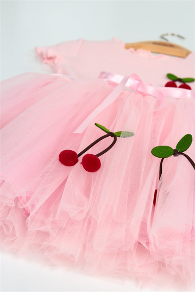 Kız Çocuk Kiraz Aplikeli Tül Etek Elbise Pembe