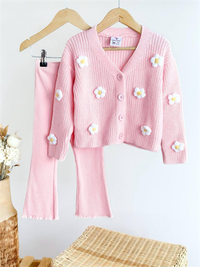 Unicorn Çiçek Aplikeli Triko Yelek & Tayt Takımı – Pembe, Kız Çocuk, 2–8 Yaş