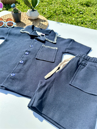 Yaka Detaylı Şortlu Takım - Lacivert