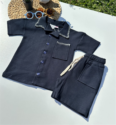 Yaka Detaylı Şortlu Takım - Lacivert