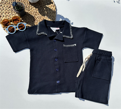 Yaka Detaylı Şortlu Takım - Lacivert