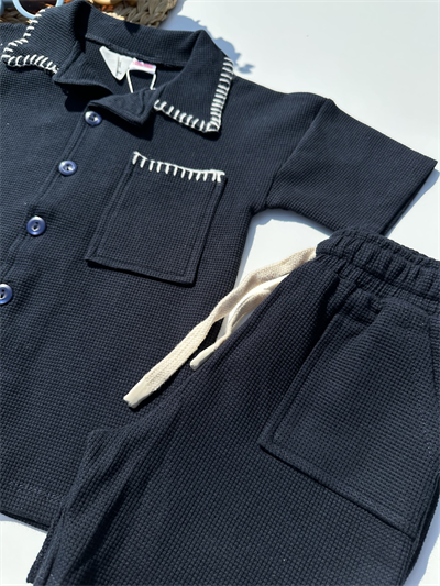 Yaka Detaylı Şortlu Takım - Lacivert