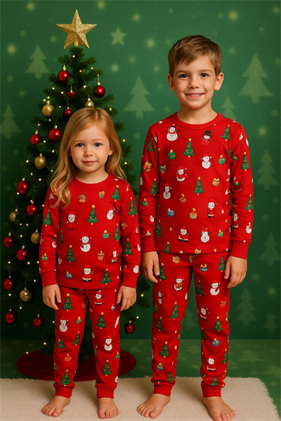 Yeni Yıl Temalı Kırmızı Pijama Takımı – Çocuk, 3–8 Yaş