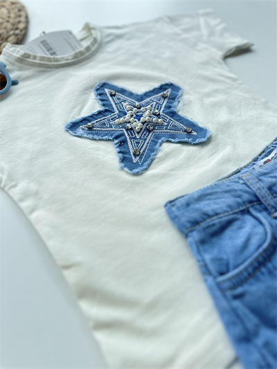 Kız Çocuk Yıldız Detaylı Tişört ve Şort Etek Takım Mavi