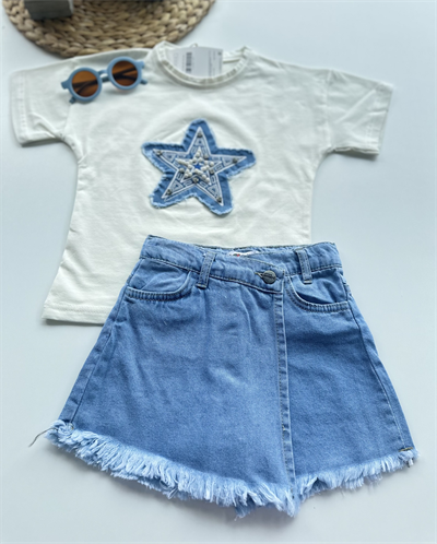 Kız Çocuk Yıldız Detaylı Tişört ve Şort Etek Takım Mavi
