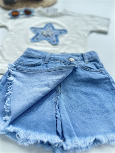 Kız Çocuk Yıldız Detaylı Tişört ve Şort Etek Takım Mavi