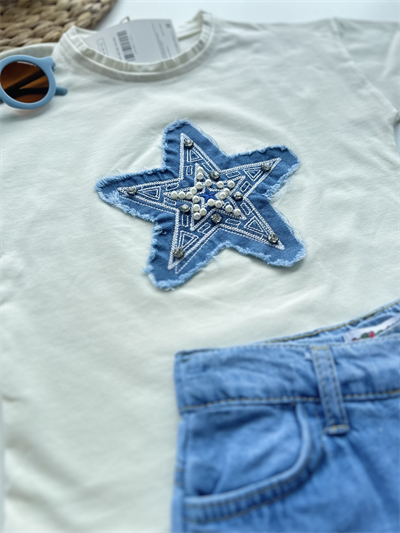 Kız Çocuk Yıldız Detaylı Tişört ve Şort Etek Takım Mavi