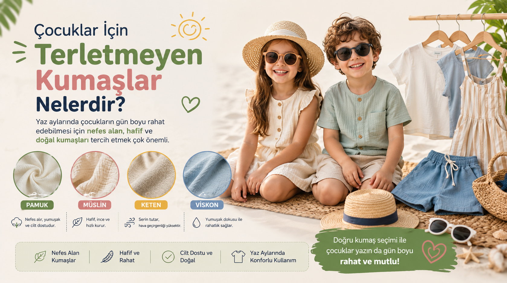 çocuklar için terletmeyen kumaşlar,pamuklu çocuk kıyafetleri,müslin kumaş çocuk giyim,keten çocuk kıyafetleri,yazlık çocuk giyim,nefes alan kumaşlar,çocuk giyim rehberi,yazlık çocuk kombinleri,çocuk kıyafet seçimi,çocuk giyim önerileri