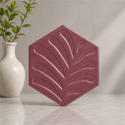 Armada Çini 15x17 Cm Yapraklı Koyu pembe Altıgen Çini Seramik 