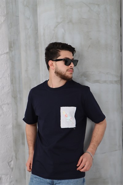 Keten Nakış Detaylı T-shirt Lacivert
