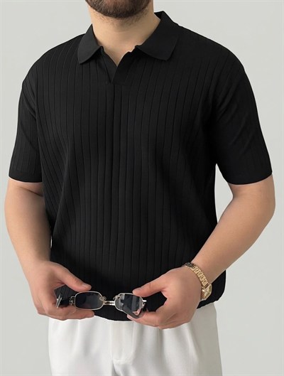 Siyah Çizgi Örme Polo Yaka Triko