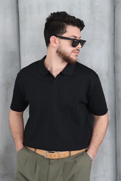 Siyah Çizgi Örme Polo Yaka Triko T-shirt